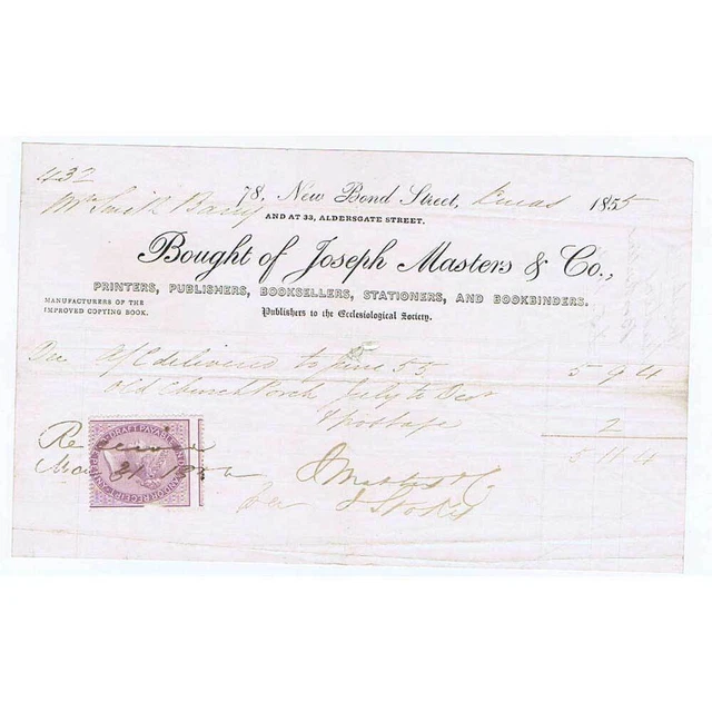 1855 Billhead Joseph Masters & Co; Printer & Stationer 78 New Bond St, London