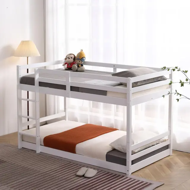 Twin Low Bunk Bed Solid Wood Twin Over Twin Bunk Bed Frame for Kids Children