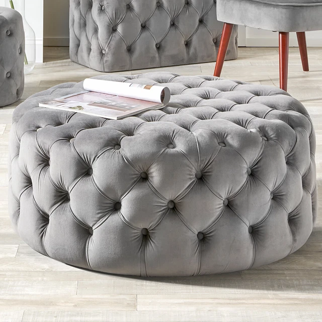 Grau Luxus Samt Pouffe Wohnzimmer Rund Fußhocker Fest geknöpft Sitzsack