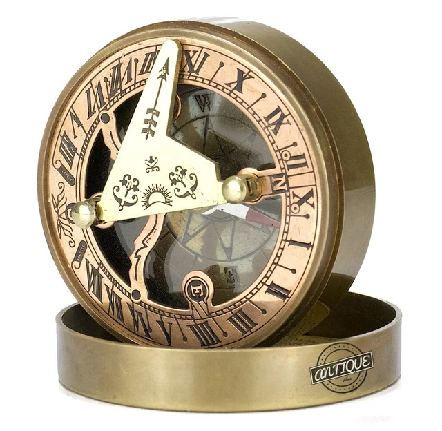 Messing Sonnenuhr Kompass Nautisch Antik Tabelle Gravur Sun-Clock Camping Gifts
