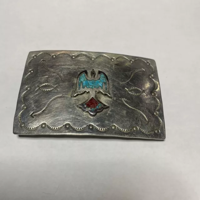 Old Vintage Native American Peyote Bird Turquoise Coral Chip Inlay Belt Buckle