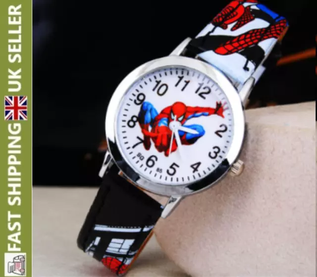 Children's Spiderman Watch Kids Leather Superhero Analogue Gift Kid Cartoon