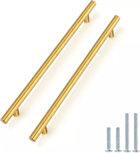 5 Pack - Gold Cabinet Pulls Euro T bar Knob 256mm 10inch Hole Centers Brass Draw