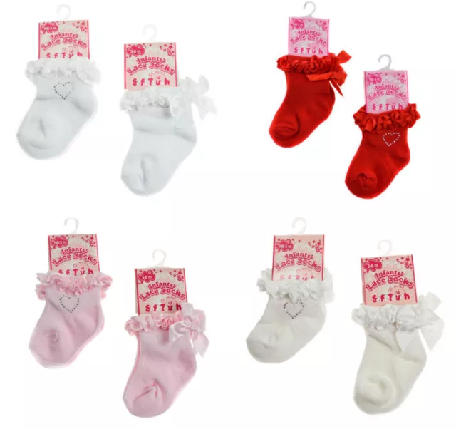 Baby Girl Socks Frilly Lace Diamante Ribbon Bow Ankle NB-6M Soft Touch Spanish