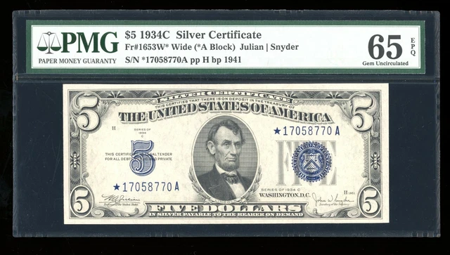 DBR $5 1934-C Silver STAR Gem Fr. 1653W* Wide PMG 65 EPQ Serial *17058770A
