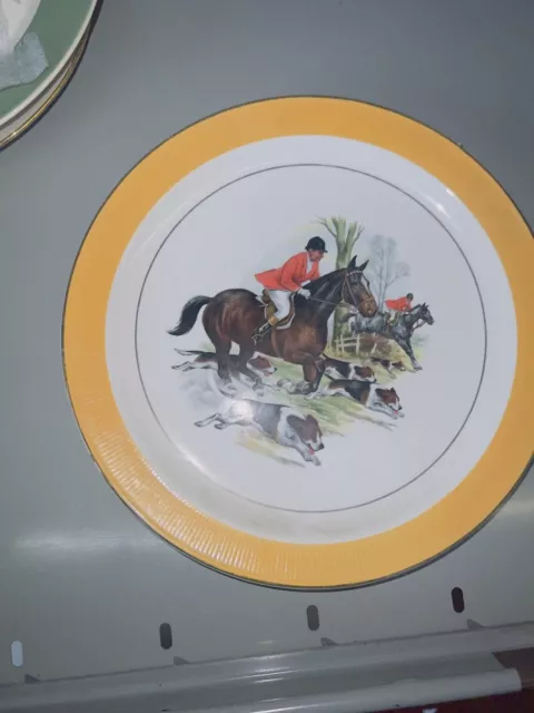 Equestrian Barratts China Plates Fox and Dog Hunting  Ribbed Yellow Trim