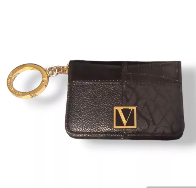 Victoria's Secret Black Small Bifold Keychain Wallet Gold VS Logo ID Window NWOT
