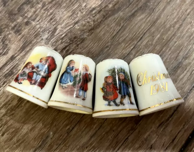 Vintage Avon Thimbles Ceramic Porcelain set of 4 Christmas 1981 1983 1984 Xmas