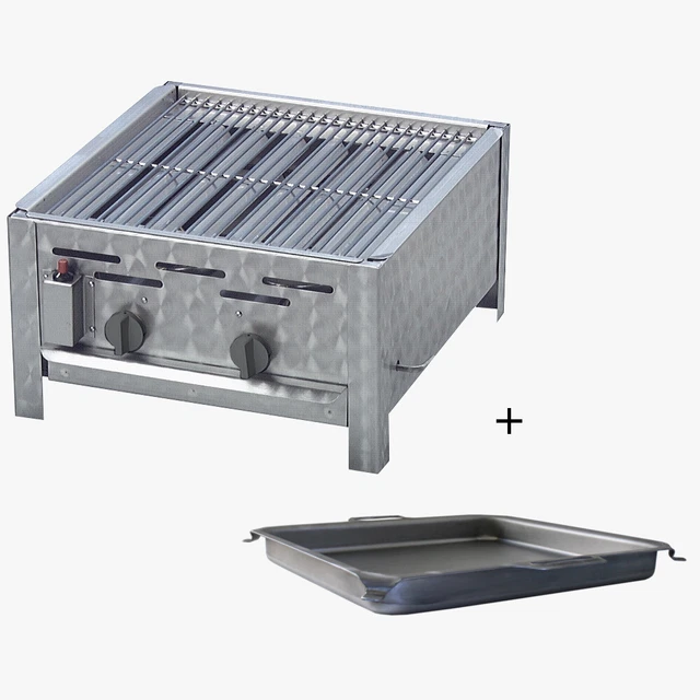 Gastrobräter Edelstahl 2 flammig mit Rost und Pfanne, 48 x 53 x 27 cm, Gasgrill