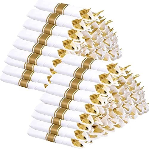 Pre Rolled Napkin and Cutlery Set - 60 Pack Gold Plastic Silverware Disposabl...
