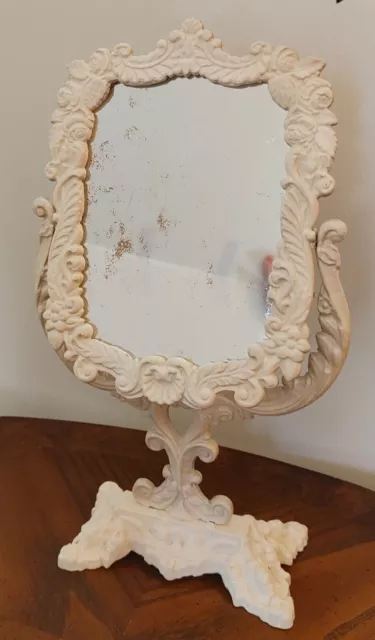 Vintage Cast Iron Vanity Pedestal Mirror Shabby Victorian Ornate Tilt White