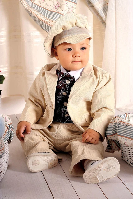 ABITO DA BATTESIMO maschietto vestito cerimonia VELLUTO panna tg 62-98 cod 326