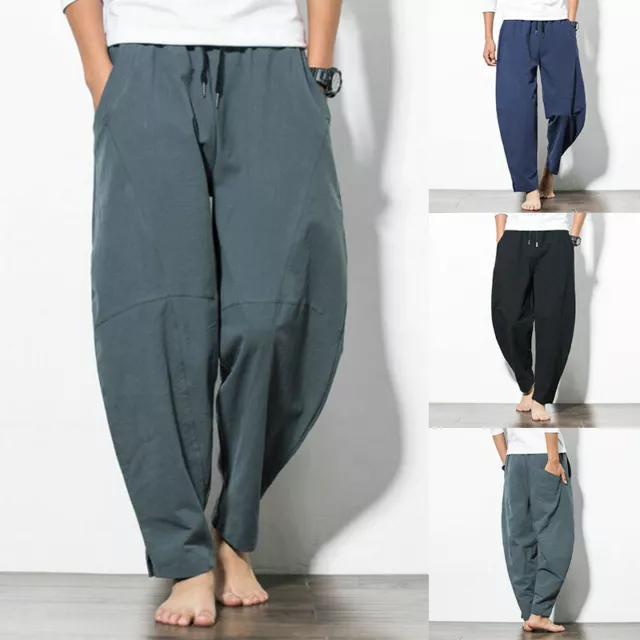 Mens Baggy Casual Loose Oversized Harem Pants Cotton Linen Yoga Hippy Trousers