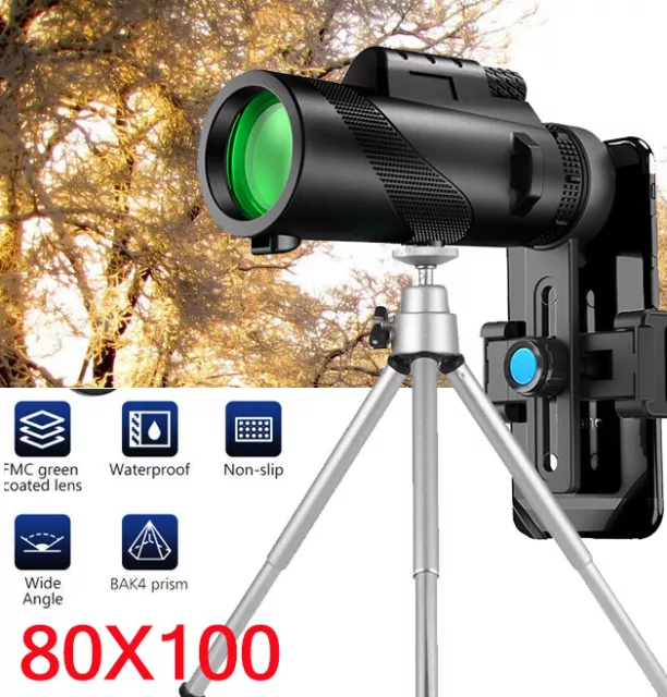 Day/Night Vision 80x100 Zoom HD Monocular HikingTelescope BAK4+Tripod + Clip USA 2