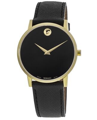 New Movado Museum Yellow Gold Tone Black Dial Leather Strap Men's Watch 0607195