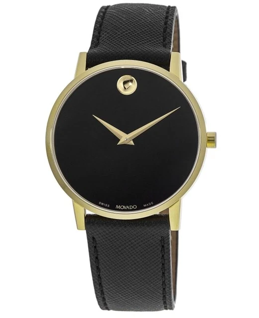 New Movado Museum Yellow Gold Tone Black Dial Leather Strap Men's Watch 0607195