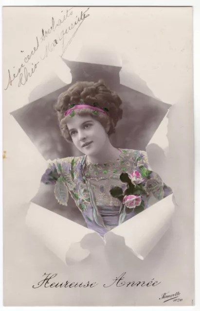 CPA - Charme, beauté, femme. Portrait en déchirure.