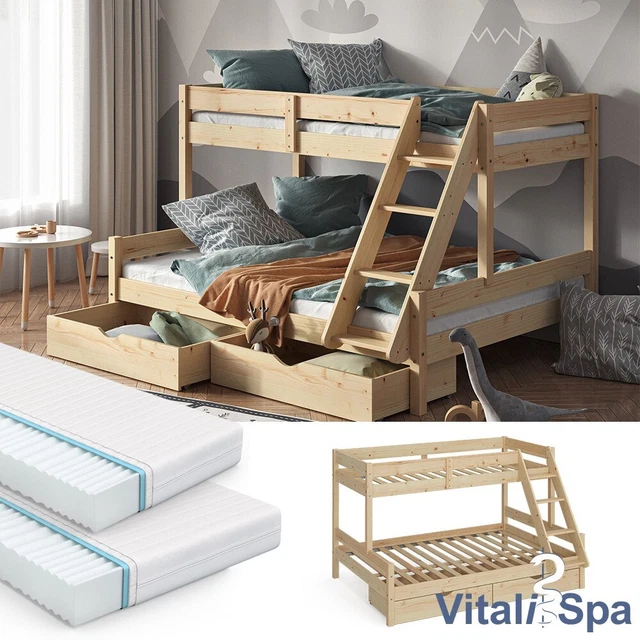 Lits Superposés Pour Enfant - 2 X 90 X 200 Cm - Avec échelle Et 2 Casiers 2 Tiroirs A Roulettes Pin Mdf Blanc Naturel