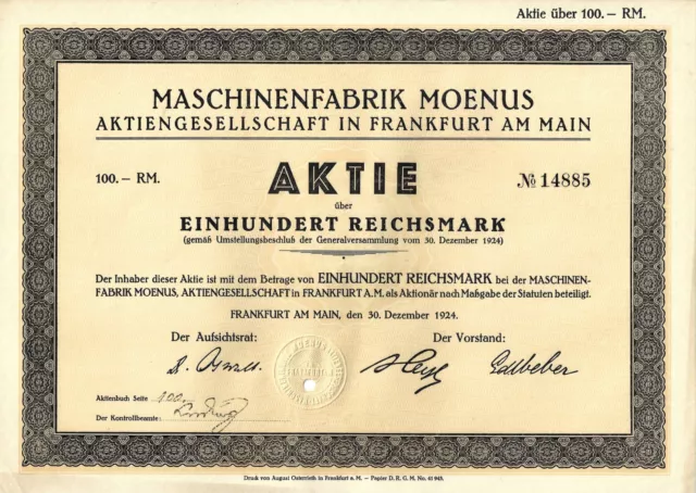Maschinenfabrik Moenus Aktiengesellschaft  -  100 RM - Frankfurt am Main - 1924