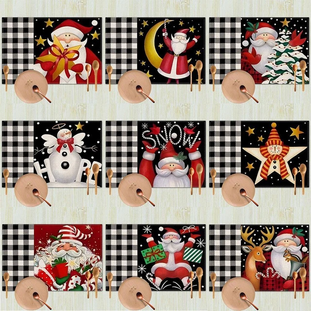 Christmas Decoration Plaid Table Placemats Santa Claus Printed Tablecloth`