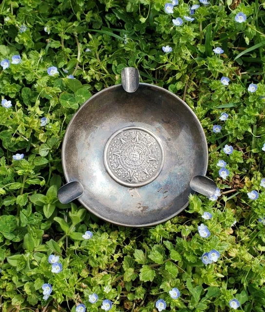 Vintage Mid Century Mexican Sterling Silver Aztec Calendar Ashtray