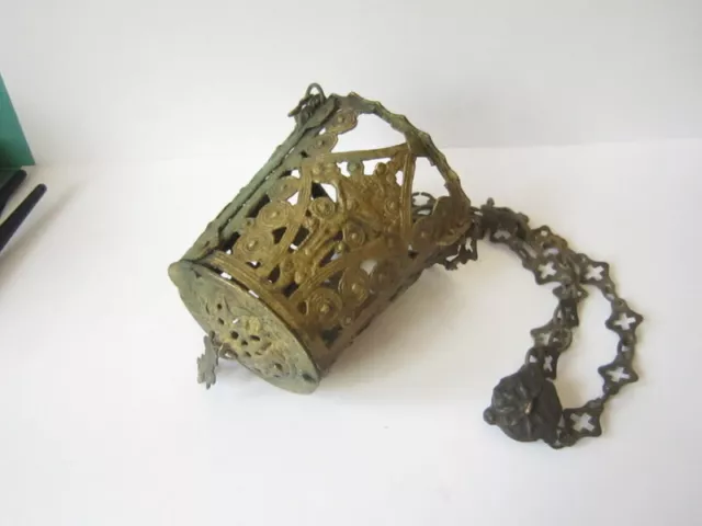 POST MEDIEVAL GENUINE TRIPLE CHAINED ORTHODOX BRONZE CENSER w/ CROSS # 694