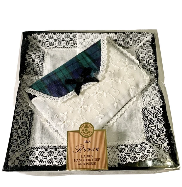 Set fazzoletti e borse tartan vintage BHS Rowan donna bianchi ricamati