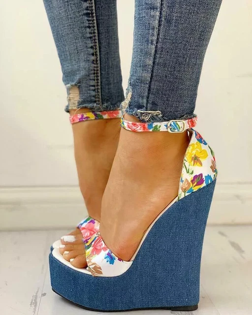 Sandales Femmes Talon 16 CM Fleurs Compensé Platforn Cuir Synthetique Confort