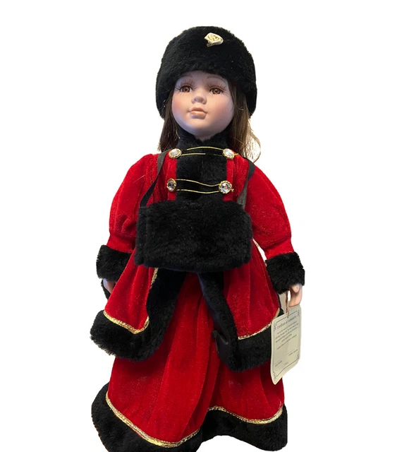 Heirloom Collection Porcelain Doll Red Velvet Dress Hat Muff Long Brown Hair 16"