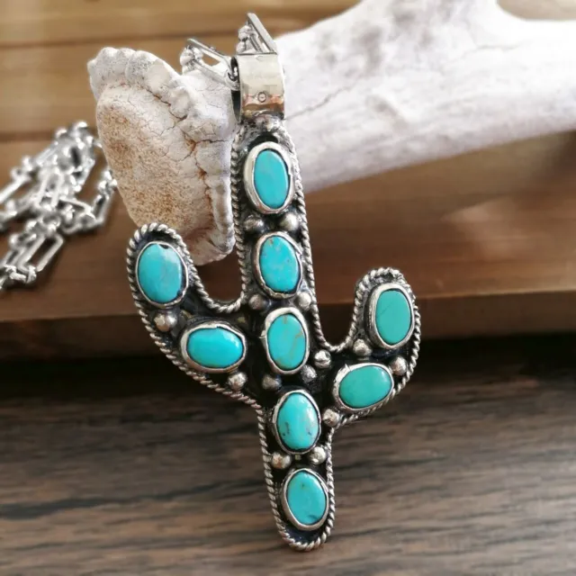 Natural Turquoise Stone Tibet Silver Cactus Pendant Long Necklace Boho Chic