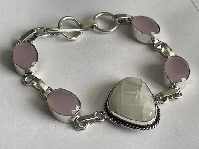 Moon stone & chalcedony crystal gem stone silver fashion bracelet