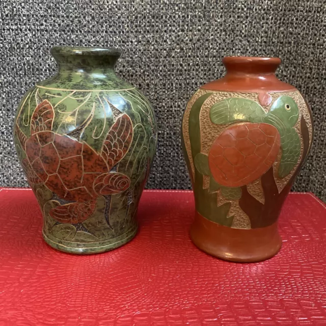 Costa Rican Hand Carved Clay Tropical Art (Set Of 2 Vases) Featuring Sea Turtles