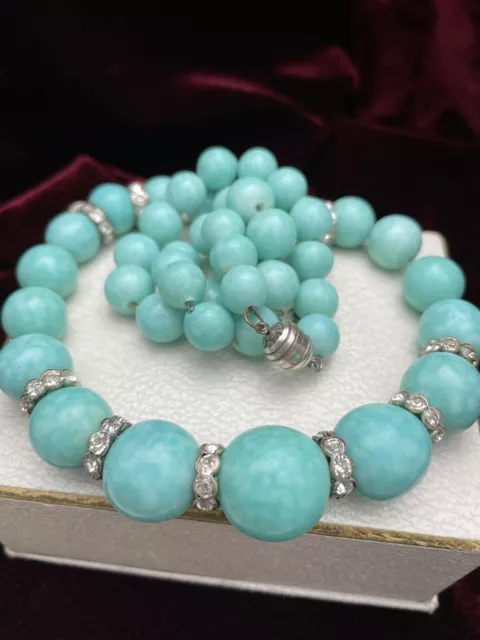 Vintage Antique Art Deco Rousselet Paris Turquoise Glass Bead & Paste Necklace