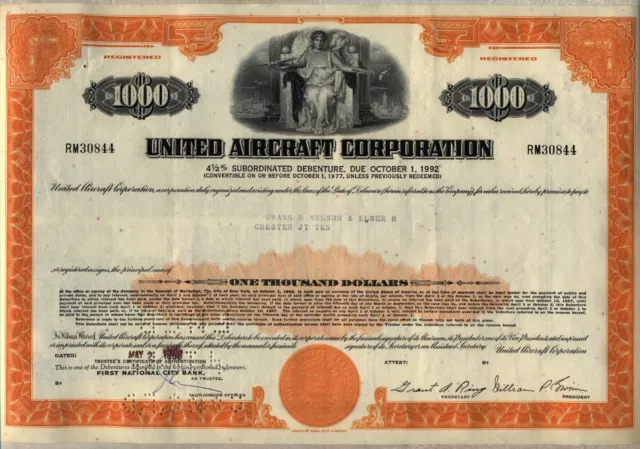 $1,000 United Aircraft Corporation Bond Stock Certificate United Technologies