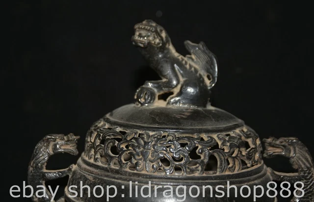 8.6" Marked Chinese Copper Dynasty Lion Beast handle censer incense burner 2