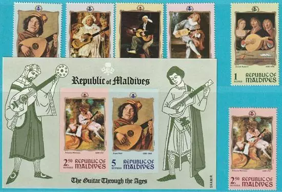 Malediven aus 1970 ** postfrisch MiNr. 327-332 + Bl. 12 Gemälde Instrumente