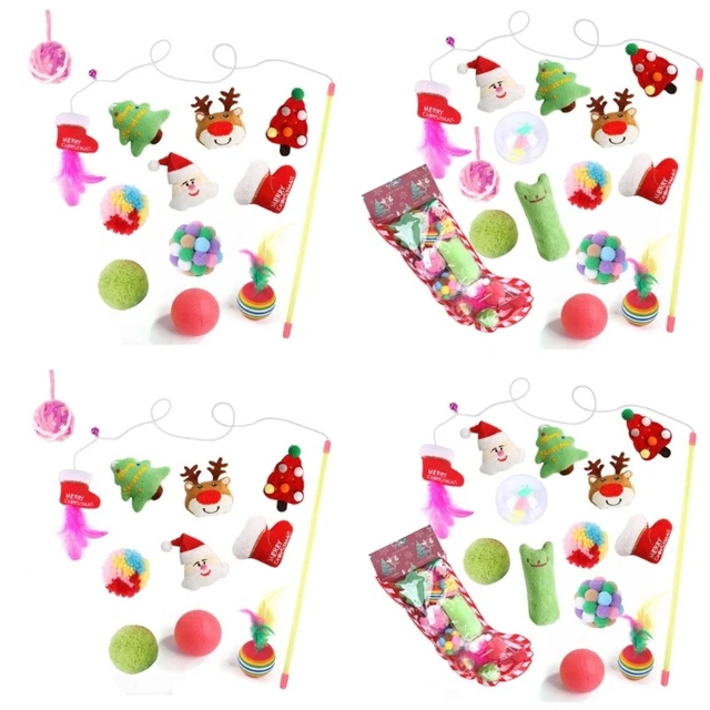 Cat Teaser Toy with Colorful Balls Refills Christmas Kitten Teaser Stick Head