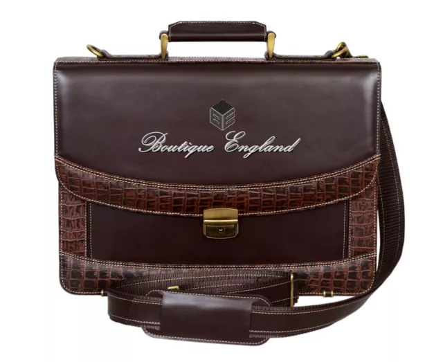 Brown Crocodile Print Mesenger Shoulder Laptop Office Briefcase Leather Bag 5996