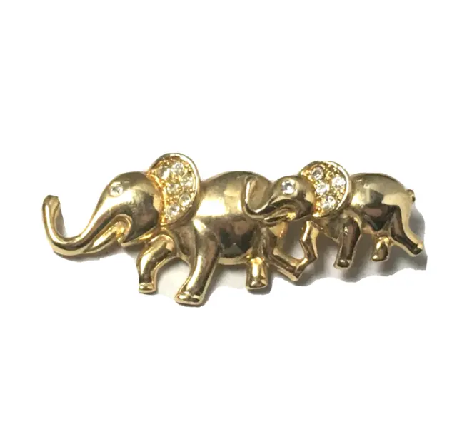 Vintage Swarovski Signed Gold Plated Crystal Elephant & Baby Calf Brooch Pin