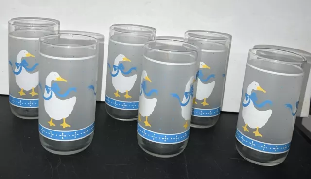 Vintage Set Of 6  Libby Drinking Glasses Country White Geese  Blue  Bow