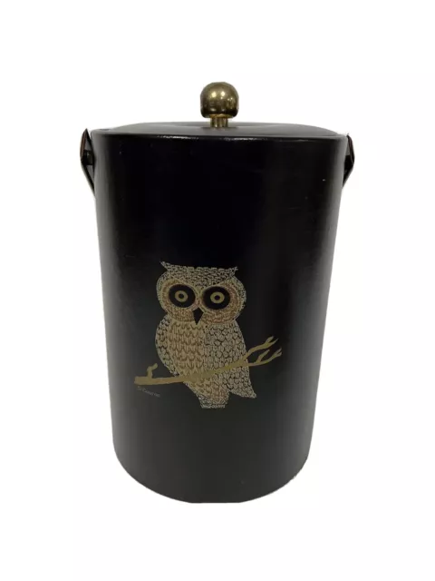 MCM COUROC OWL Vinyl Ice Bucket 12”Lidded Vinyl Brass Gold Monterey Vtg Barware