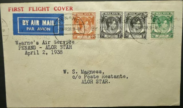 MALAYA 2 APR 1938 WEARNE'S AIR SERVICE 1st FLIGHT COVER FROM PENANG TO ALOR STAR