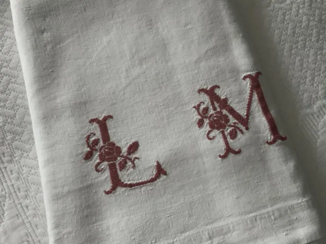 linge ancien Drap de Mariage En Lin Richement Brodée Très Grand Monogramme L M