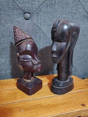 Vintage 2 Hand Carved Wooden Head Bust African Folk Art Statue Figure brass.