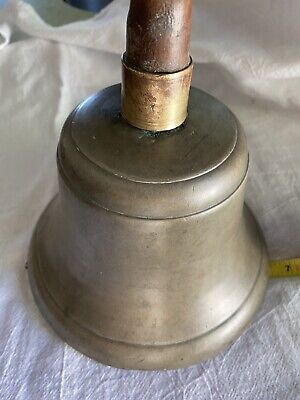 Lg Hand-Held BRASS School Bell w Wooden Handle 10 inches & Brass Clapper Antique