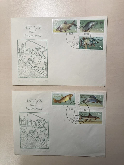 2 Ersttagsbriefe – DDR "Angler und Fischzucht" 1987