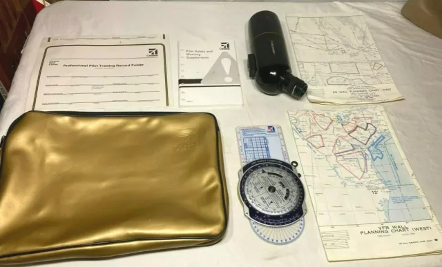 Collectible Lot 7 Vtg Cessna Pilot Pack, DOD Map, Computer, Celestron Scope, Bag