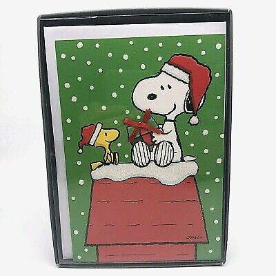 Hallmark Peanuts Snoopy Woodstock Christmas Cards Set of 16 Bow Glitter Snow