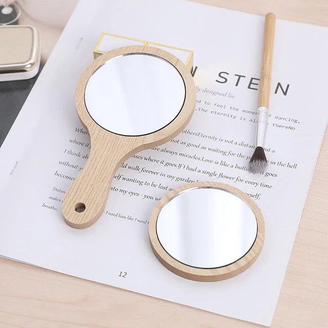 Pequeño espejo portátil de maquillaje de madera espejo redondo cosmético espejo de bolsillo y