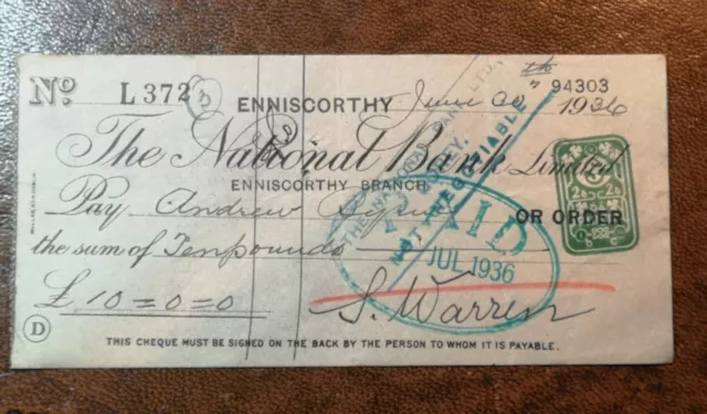 Enniscorthy Wexford Cheque 1936 Gorey Irish Ireland Banknote  National Bank Punt